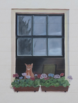 901835 Afbeelding van een muurschildering van een kat in de vensterbank in het rechterraam op de 1e verdieping in de ...